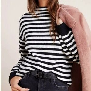 Anthropologie Sydney Sweater Womens XS Black White Striped Balloon Sleeve Preppy